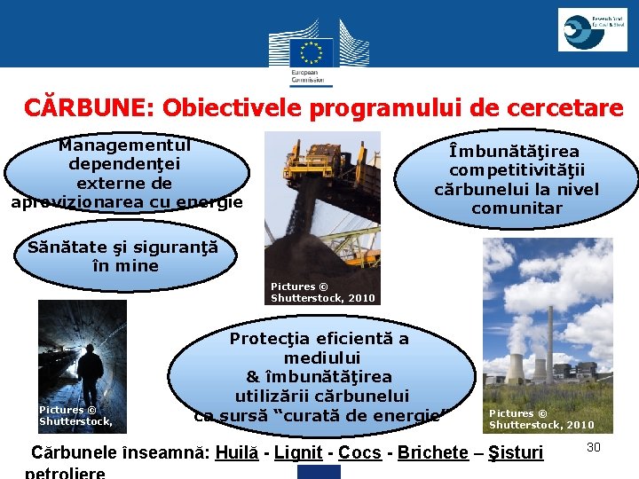 CĂRBUNE: Obiectivele programului de cercetare Managementul dependenţei externe de aprovizionarea cu energie Îmbunătăţirea competitivităţii