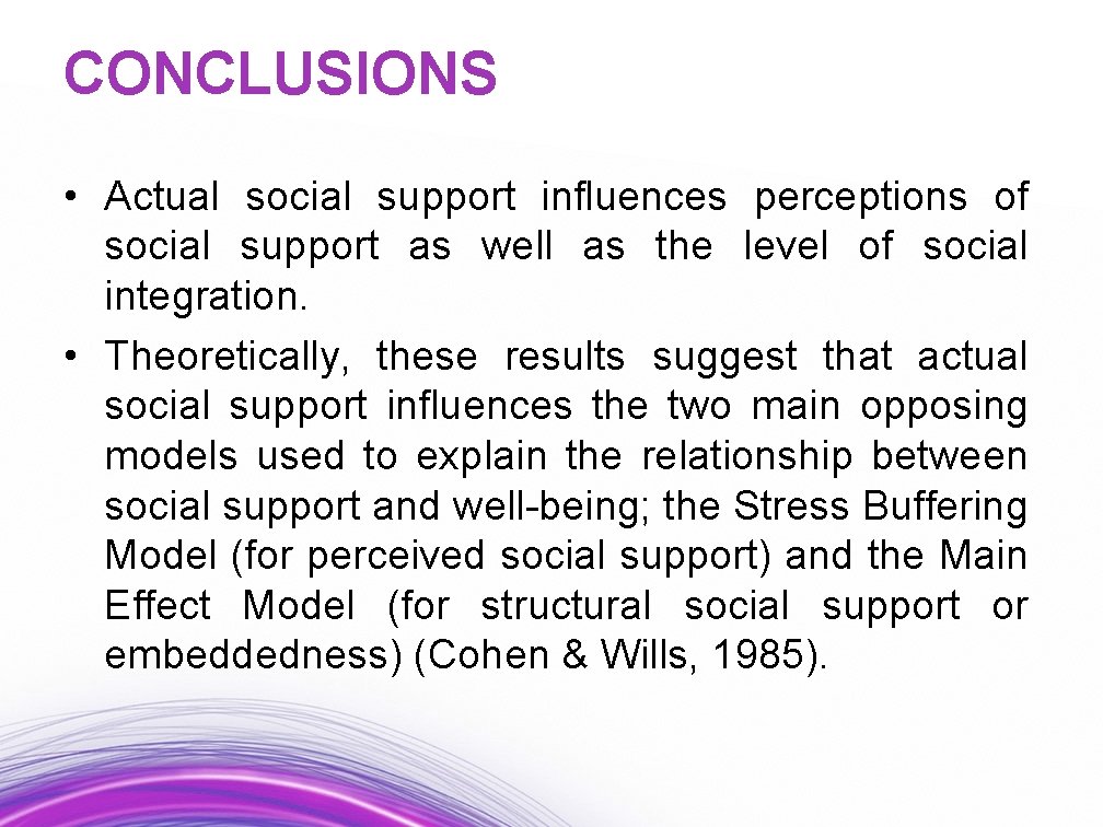 CONCLUSIONS • Actual social support influences perceptions of social support as well as the