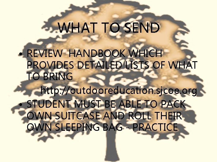 WHAT TO SEND • REVIEW HANDBOOK WHICH PROVIDES DETAILED LISTS OF WHAT TO BRING