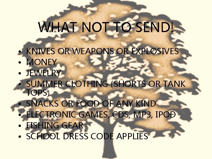 WHAT NOT TO SEND! • • KNIVES OR WEAPONS OR EXPLOSIVES MONEY JEWELRY SUMMER