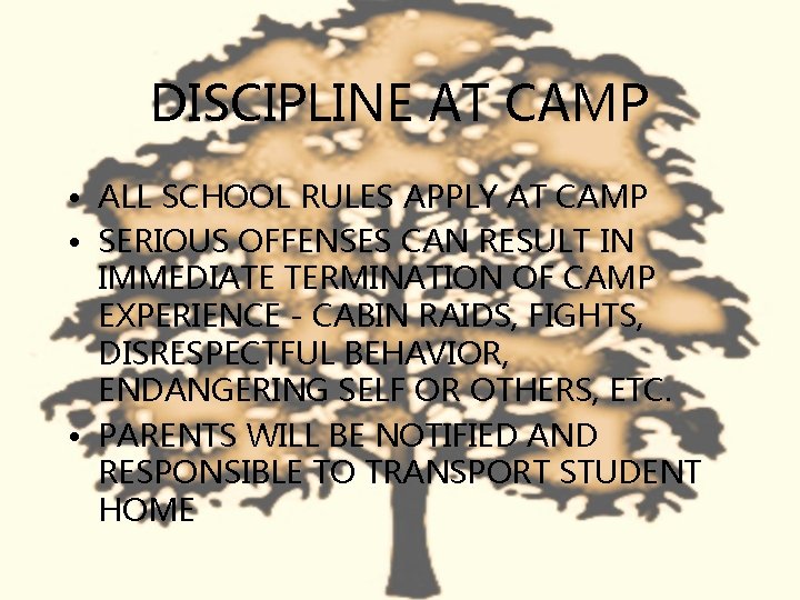 DISCIPLINE AT CAMP • ALL SCHOOL RULES APPLY AT CAMP • SERIOUS OFFENSES CAN