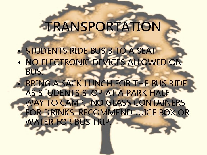 TRANSPORTATION • STUDENTS RIDE BUS 3 TO A SEAT • NO ELECTRONIC DEVICES ALLOWED