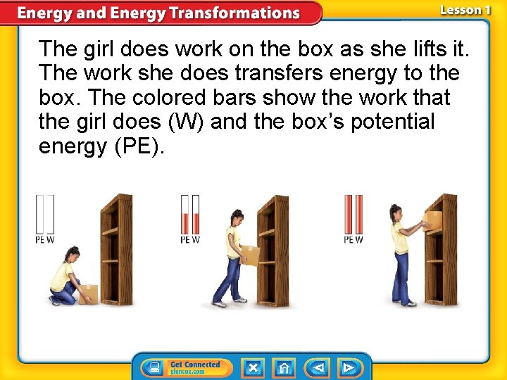 The girl does work on the box as she lifts it. The work she The girl does work on the box as she lifts it. The work she