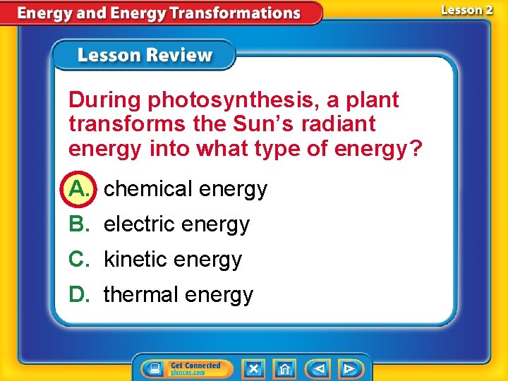 During photosynthesis, a plant transforms the Sun’s radiant energy into what type of energy? During photosynthesis, a plant transforms the Sun’s radiant energy into what type of energy?