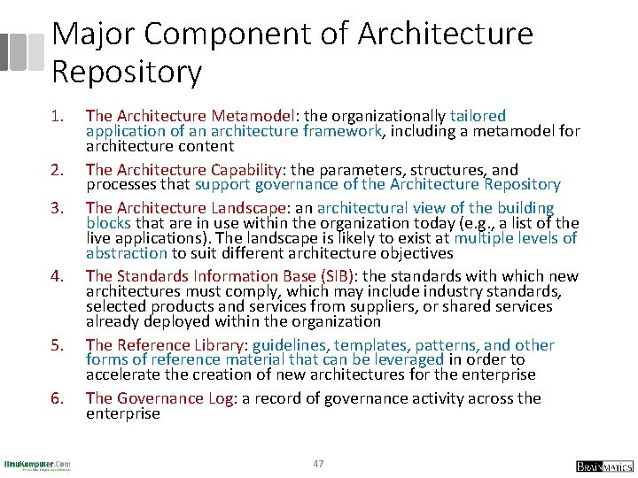 Major Component of Architecture Repository 1. 2. 3. 4. 5. 6. The Architecture Metamodel:
