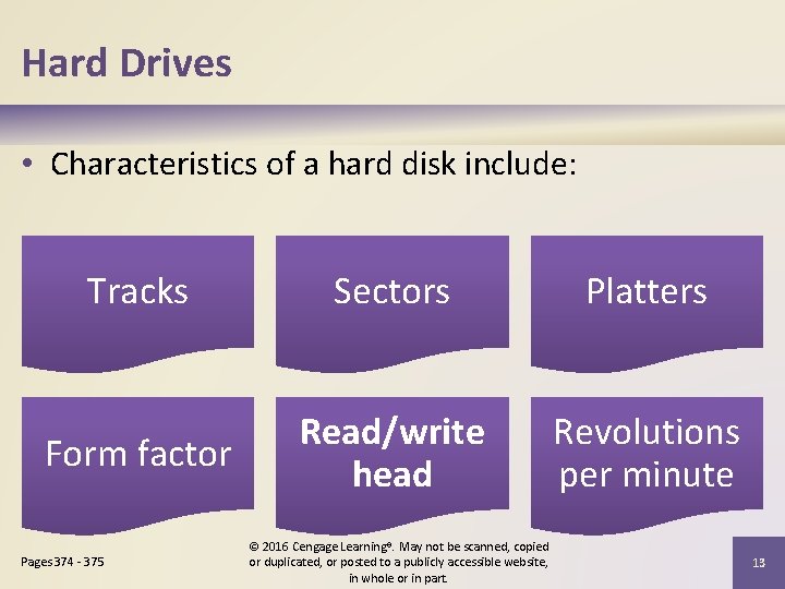 Hard Drives • Characteristics of a hard disk include: Tracks Sectors Platters Form factor