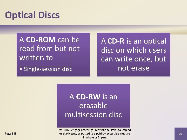 Optical Discs A CD-ROM can be read from but not written to • Single-session