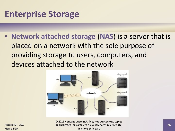 Enterprise Storage • Network attached storage (NAS) is a server that is placed on