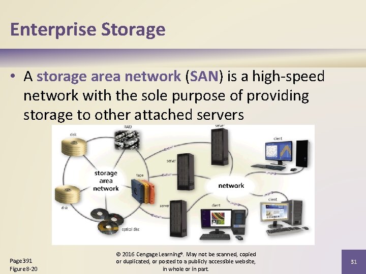 Enterprise Storage • A storage area network (SAN) is a high-speed network with the