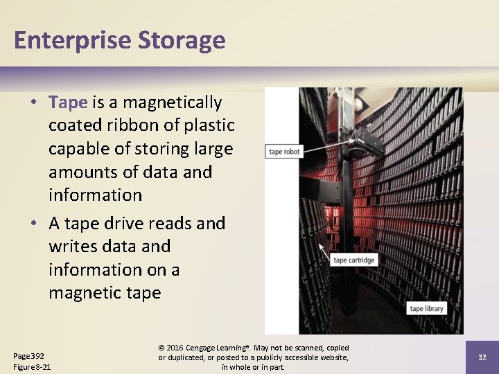 Enterprise Storage • Tape is a magnetically coated ribbon of plastic capable of storing