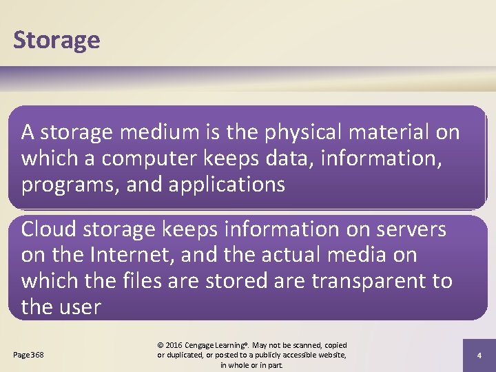 Storage A storage medium is the physical material on which a computer keeps data,