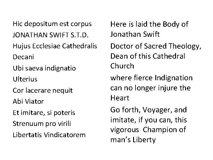 Hic depositum est corpus JONATHAN SWIFT S. T. D. Hujus Ecclesiae Cathedralis Decani Ubi