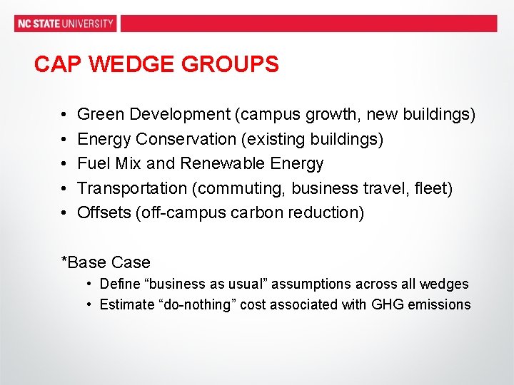 CAP WEDGE GROUPS • • • Green Development (campus growth, new buildings) Energy Conservation