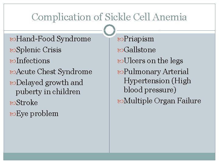 Complication of Sickle Cell Anemia Hand-Food Syndrome Priapism Splenic Crisis Gallstone Infections Ulcers on