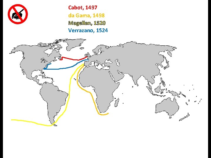 Cabot, 1497 da Gama, 1498 Magellan, 1520 Verrazano, 1524 