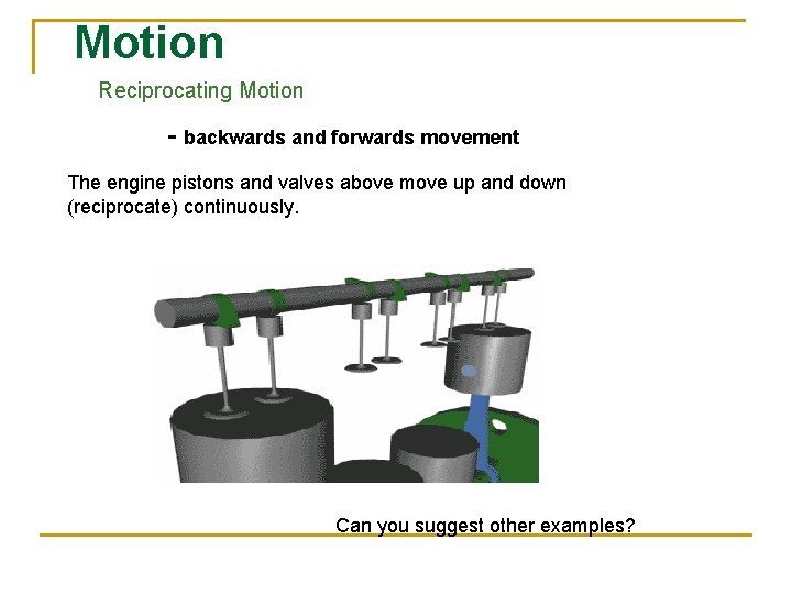 Motion Reciprocating Motion - backwards and forwards movement The engine pistons and valves above