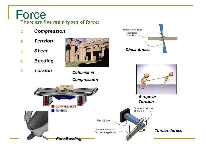 Force There are five main types of force: 1. Compression 2. Tension 3. Shear