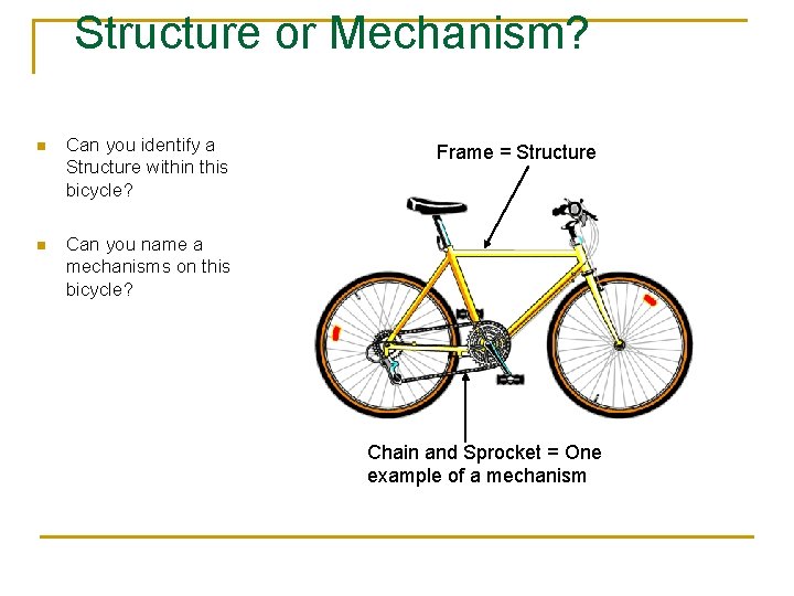 Structure or Mechanism? n Can you identify a Structure within this bicycle? n Can