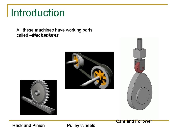 Introduction All these machines have working parts called –Mechanisms Rack and Pinion Pulley Wheels