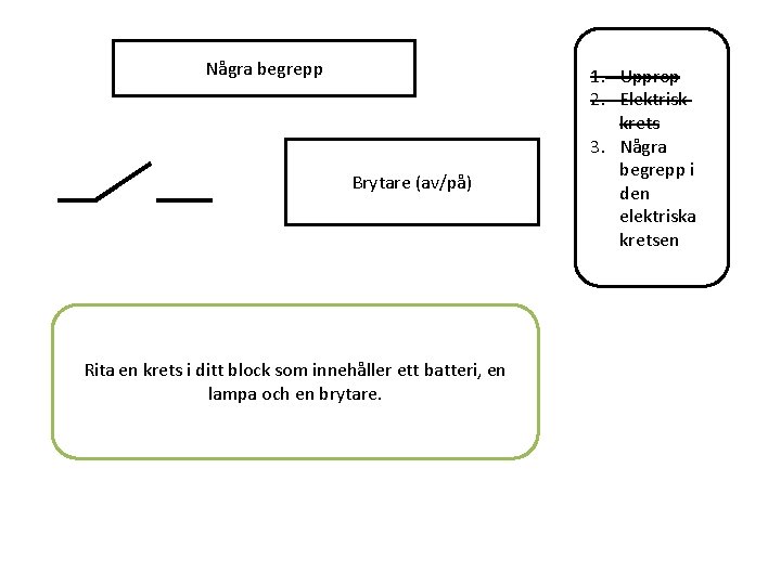 Några begrepp Brytare (av/på) Rita en krets i ditt block som innehåller ett batteri, Några begrepp Brytare (av/på) Rita en krets i ditt block som innehåller ett batteri,