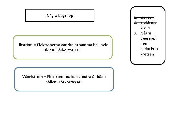 Några begrepp Likström = Elektronerna vandra åt samma håll hela tiden. Förkortas DC. Växelström Några begrepp Likström = Elektronerna vandra åt samma håll hela tiden. Förkortas DC. Växelström