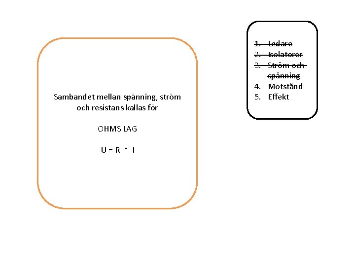 Sambandet mellan spänning, ström och resistans kallas för OHMS LAG U=R * I 1. Sambandet mellan spänning, ström och resistans kallas för OHMS LAG U=R * I 1.