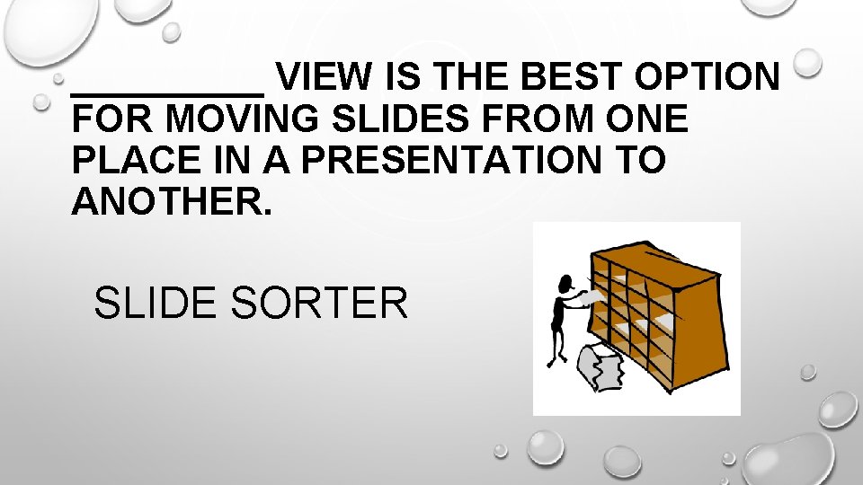 _____ VIEW IS THE BEST OPTION FOR MOVING SLIDES FROM ONE PLACE IN A