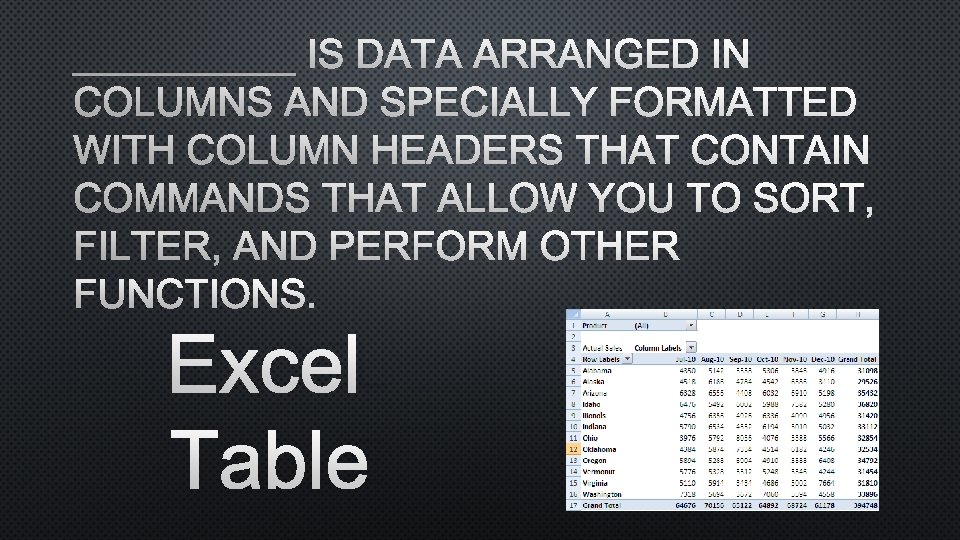 _____ IS DATA ARRANGED IN COLUMNS AND SPECIALLY FORMATTED WITH COLUMN HEADERS THAT CONTAIN