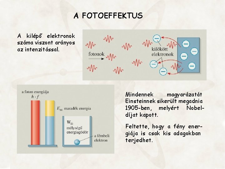 A FOTOEFFEKTUS A kilépő elektronok száma viszont arányos az intenzitással. Mindennek magyarázatát Einsteinnek sikerült