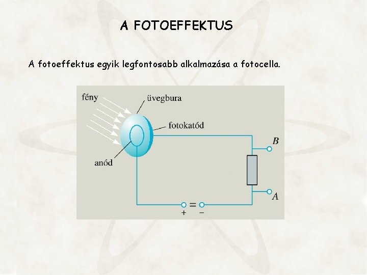 A FOTOEFFEKTUS A fotoeffektus egyik legfontosabb alkalmazása a fotocella. 