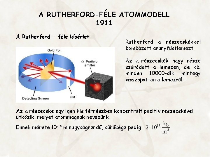 A RUTHERFORD-FÉLE ATOMMODELL 1911 A Rutherford - féle kísérlet Rutherford részecskékkel bombázott aranyfüstlemezt. Az