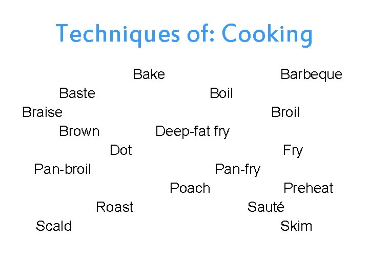 Techniques of: Cooking Bake Baste Braise Brown Barbeque Boil Broil Deep-fat fry Dot Fry