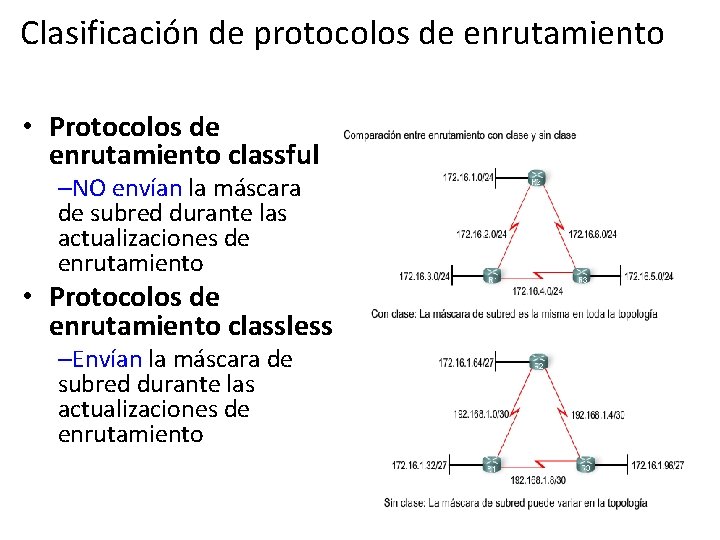 Clasificación de protocolos de enrutamiento • Protocolos de enrutamiento classful –NO envían la máscara