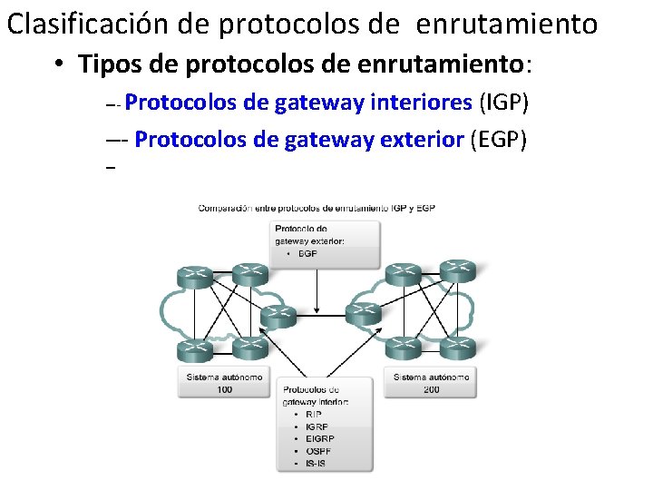 Clasificación de protocolos de enrutamiento • Tipos de protocolos de enrutamiento: –- Protocolos de