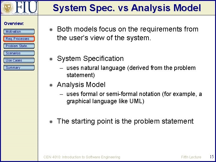 System Spec. vs Analysis Model Overview: Motivation Both models focus on the requirements from
