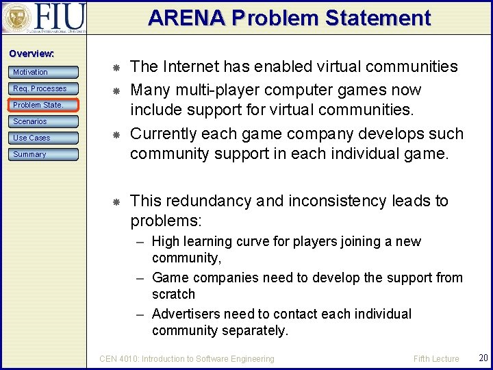 ARENA Problem Statement Overview: Motivation Req. Processes Problem State. Scenarios Use Cases Summary The