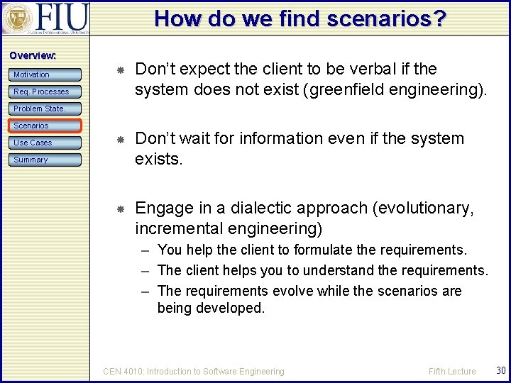 How do we find scenarios? Overview: Motivation Don’t expect the client to be verbal