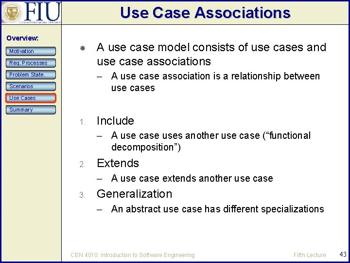 Use Case Associations Overview: Motivation Req. Processes A use case model consists of use