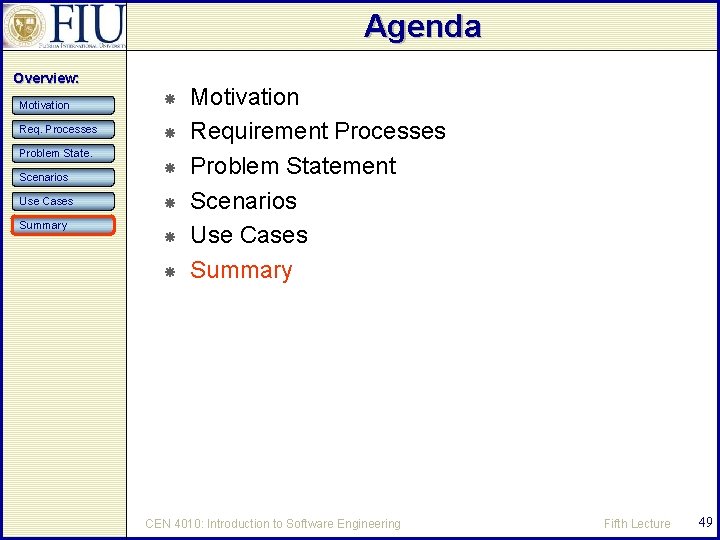 Agenda Overview: Motivation Req. Processes Problem State. Scenarios Use Cases Summary Motivation Requirement Processes