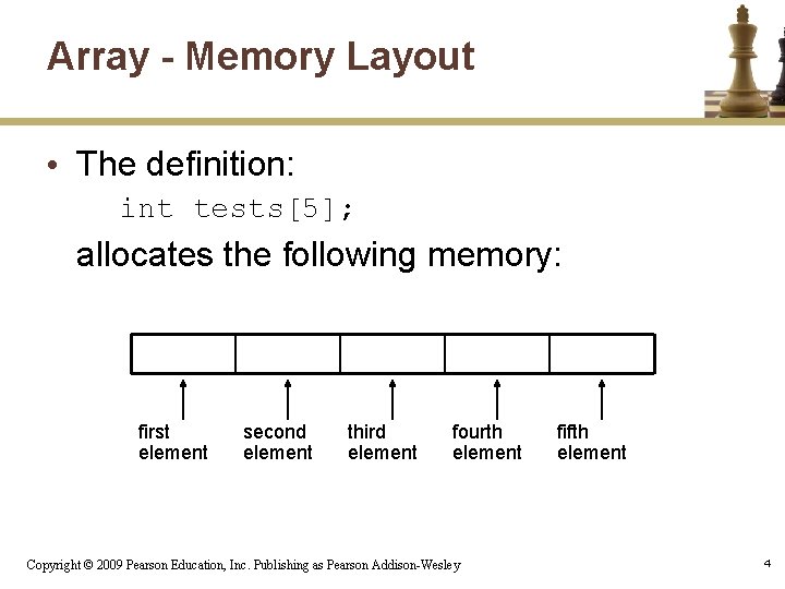 Array - Memory Layout • The definition: int tests[5]; allocates the following memory: first