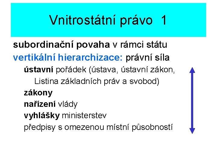 Vnitrostátní právo 1 subordinační povaha v rámci státu vertikální hierarchizace: právní síla ústavní pořádek