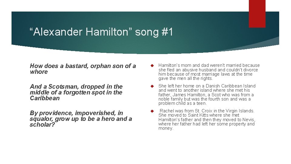“Alexander Hamilton” song #1 How does a bastard, orphan son of a whore Hamilton’s