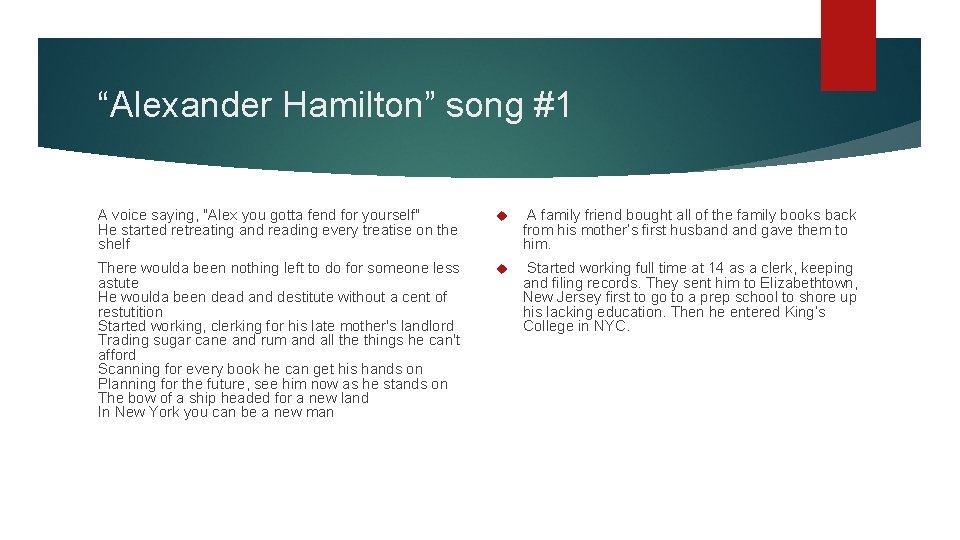 “Alexander Hamilton” song #1 A voice saying, "Alex you gotta fend for yourself" He