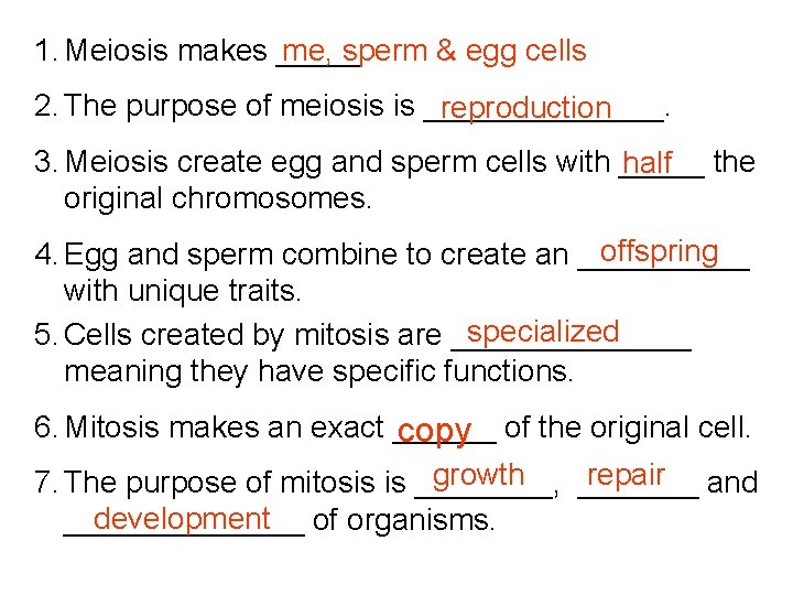 me, sperm & egg cells 1. Meiosis makes _____. 2. The purpose of meiosis
