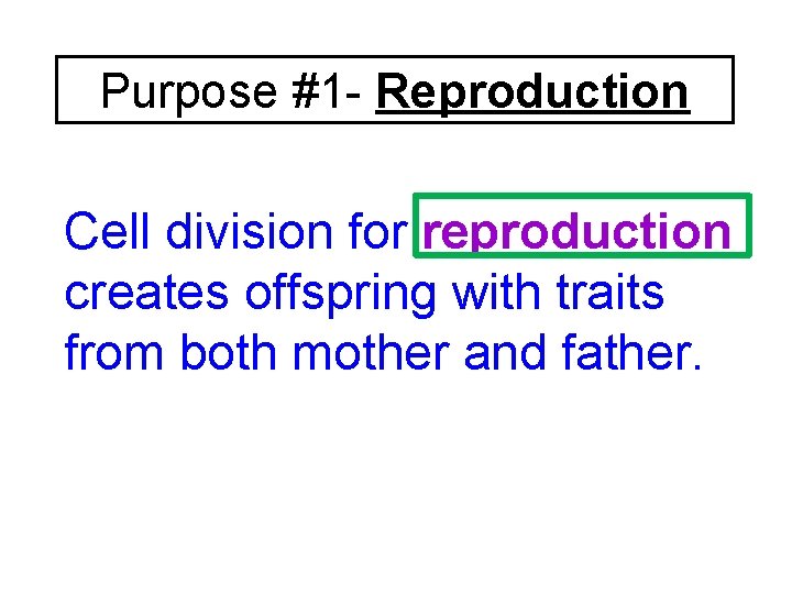 Purpose #1 - Reproduction Cell division for reproduction creates offspring with traits from both