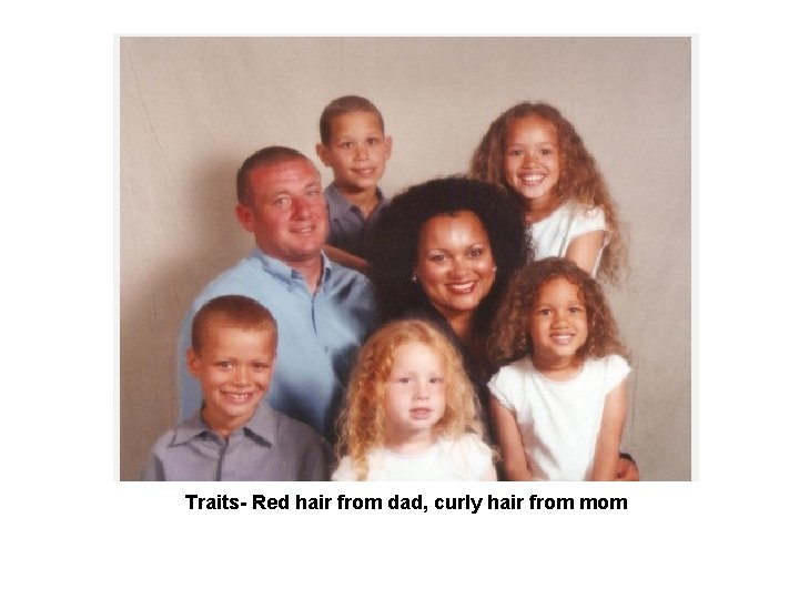 Traits- Red hair from dad, curly hair from mom 