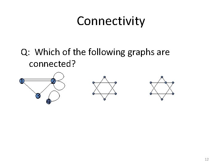 Connectivity Q: Which of the following graphs are connected? 1 2 3 4 12 Connectivity Q: Which of the following graphs are connected? 1 2 3 4 12