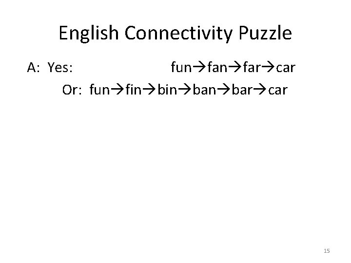English Connectivity Puzzle A: Yes: fun far car Or: fun fin ban bar car English Connectivity Puzzle A: Yes: fun far car Or: fun fin ban bar car