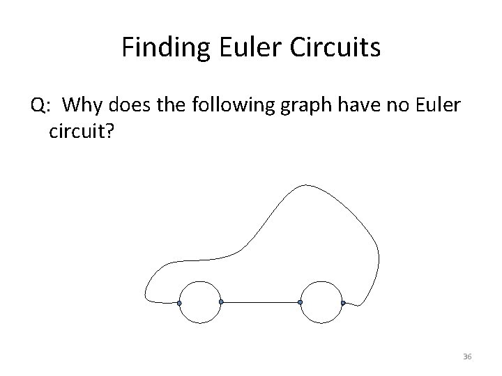 Finding Euler Circuits Q: Why does the following graph have no Euler circuit? 36 Finding Euler Circuits Q: Why does the following graph have no Euler circuit? 36
