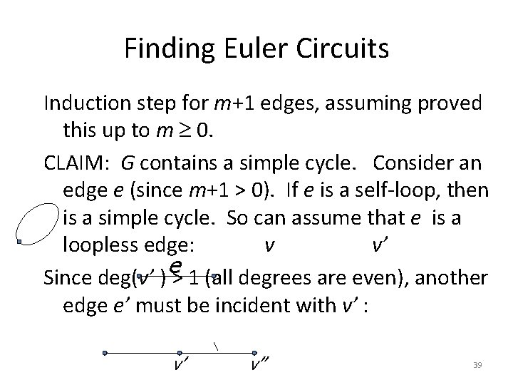 Finding Euler Circuits Induction step for m+1 edges, assuming proved this up to m Finding Euler Circuits Induction step for m+1 edges, assuming proved this up to m
